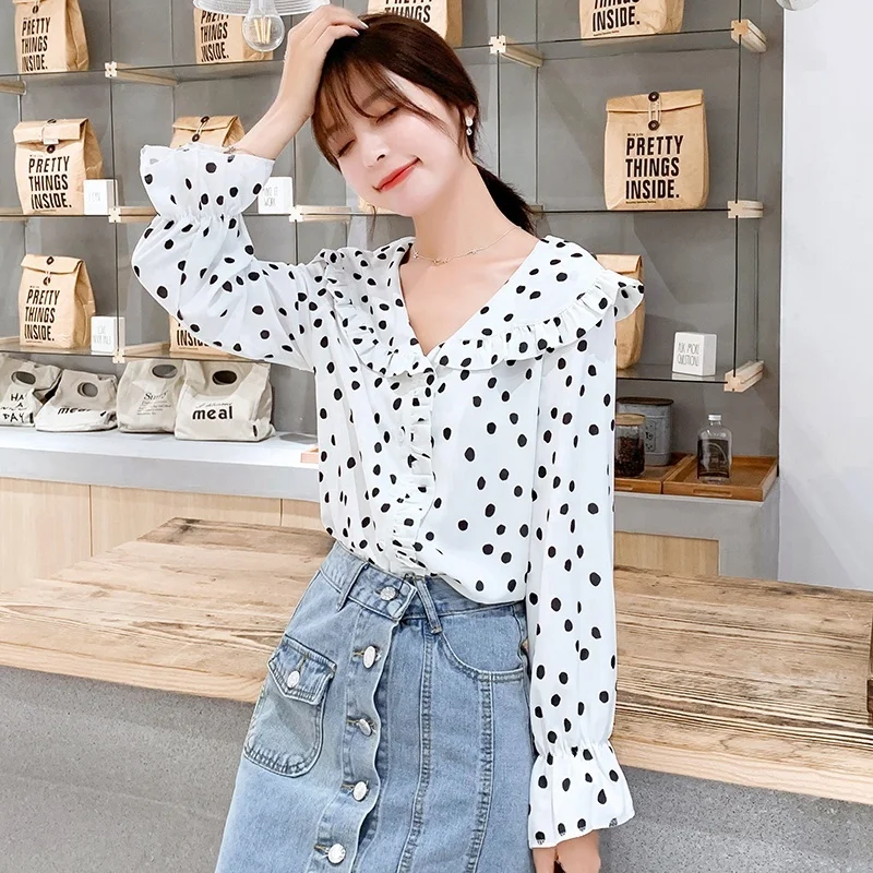 Blusas 2019 Осенняя женская рубашка с оборками в горошек принтом шифоновая Блузки