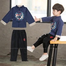 Традиционный китайский костюм для детей; Hanfu; комплект одежды из топа и штанов для маленьких мальчиков; вечерние костюмы с футболкой кунг-фу для восточных праздников