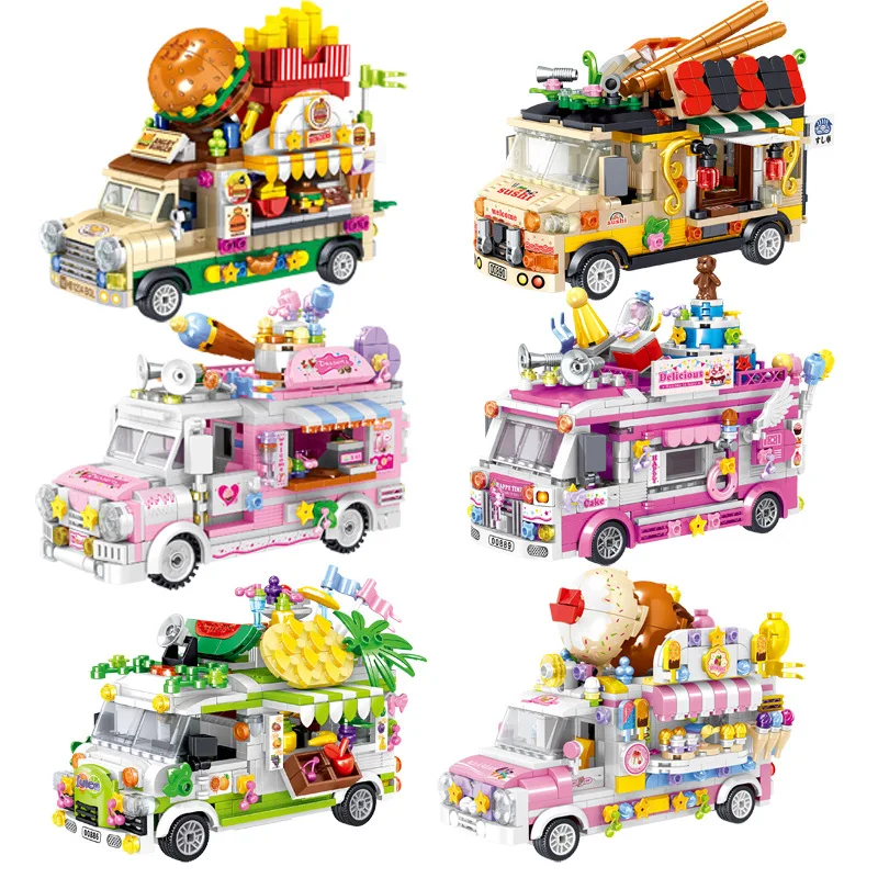 

City Street View Ice Cream Car Food Shop Mini Building Blocks Camping Vehicle Friends Bricks DIY Toys for Children Girls