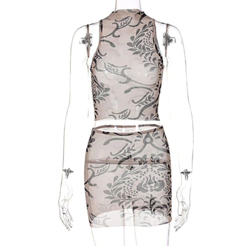 

NOVAINSPO Mesh See Through O Neck Sleeveless Tops And Skirts Sets Printing Fashion Casual Streetwear Women Outfits Two Piece Set