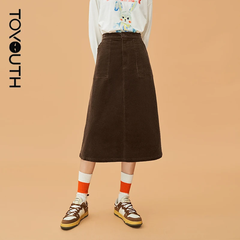 

Toyouth Women Skirts 2021 Winter A Line High Waist Slim Mid Length Solid Blue Corduroy Vintage Elegant Female Bottom
