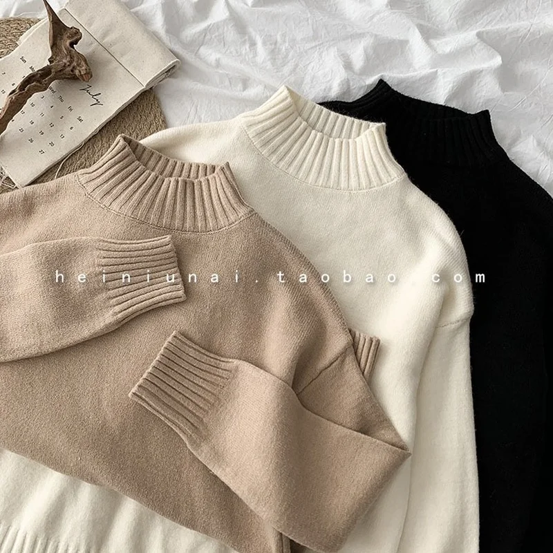 

Women Casual Sweater Spring Autumn New Casual Half-high Collar Long-sleeved Solid Knitted Top Woman Pullover Sweaters