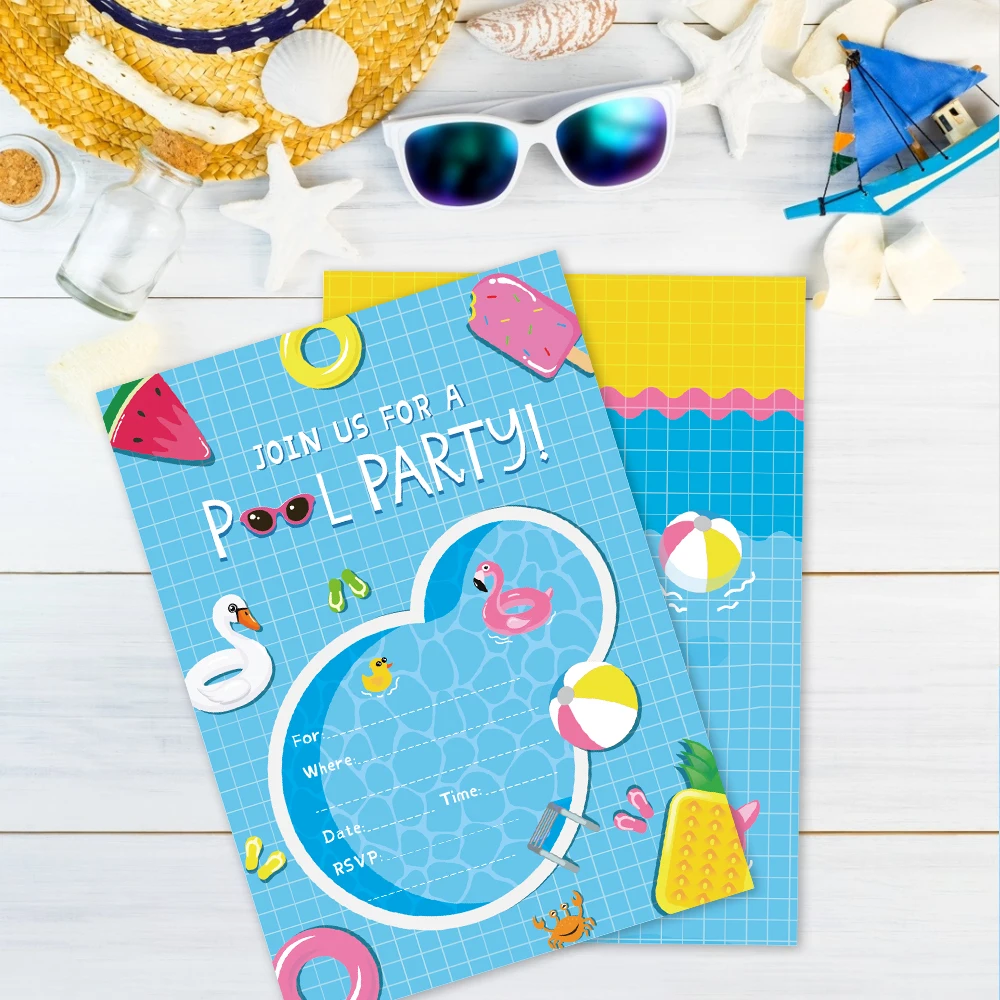 

10 pcs Summer Swimming Pool Party Invitations Cards Cartoon Pink Flamingo Invitation Kids Birthday Party Favor Decorations