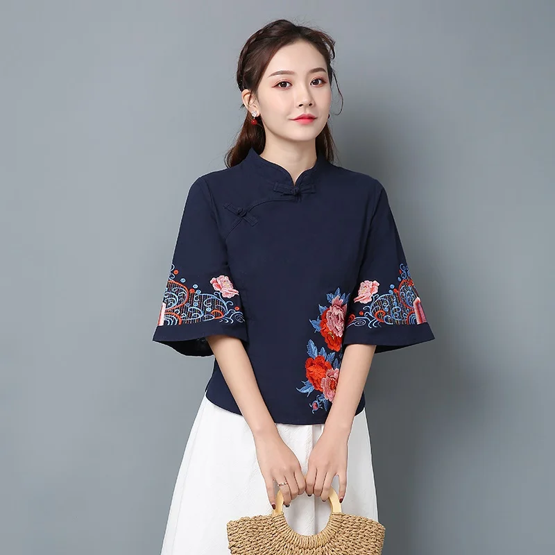 

Retro Chinese Women Blouse Traditional Vintage Oblique Shirt Zen Summer Cotton Tang Suit Mandarin Collar Cheongsam Top FF3069