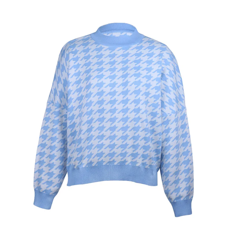 

Women's Knitted Suit Geometric Khaki Chic Sweater Casual Houndstooth Pullover Female Retro Jumpers Top Clothing Temperament