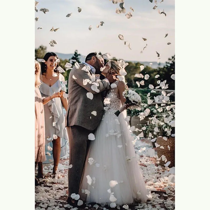 

Affordable Graceful White A Line Tulle Wedding Dresses for Bride Appliqued Sexy Deep V Neck Bridal Wedding Gowns Back Out