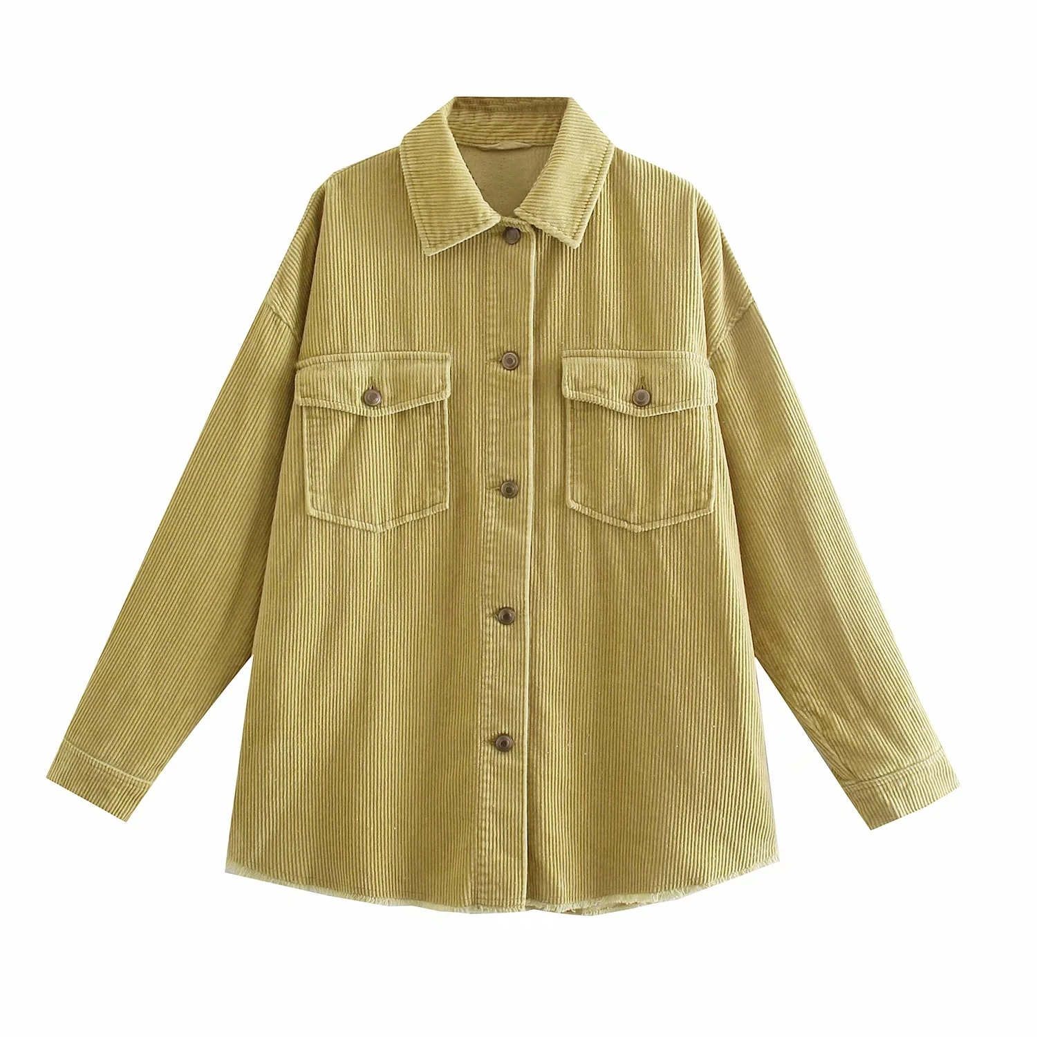 

2021 Autumn Women za Fashion Patch Pockets Oversized Corduroy Jacket Coat Vintage Long Sleeve Frayed Female Outerwear Chic Tops