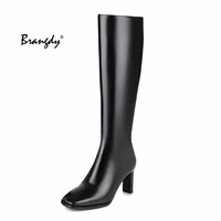 brangdy pu leather women shoes knee high boots thick high heels winter warm long boot female footwear size 34 43