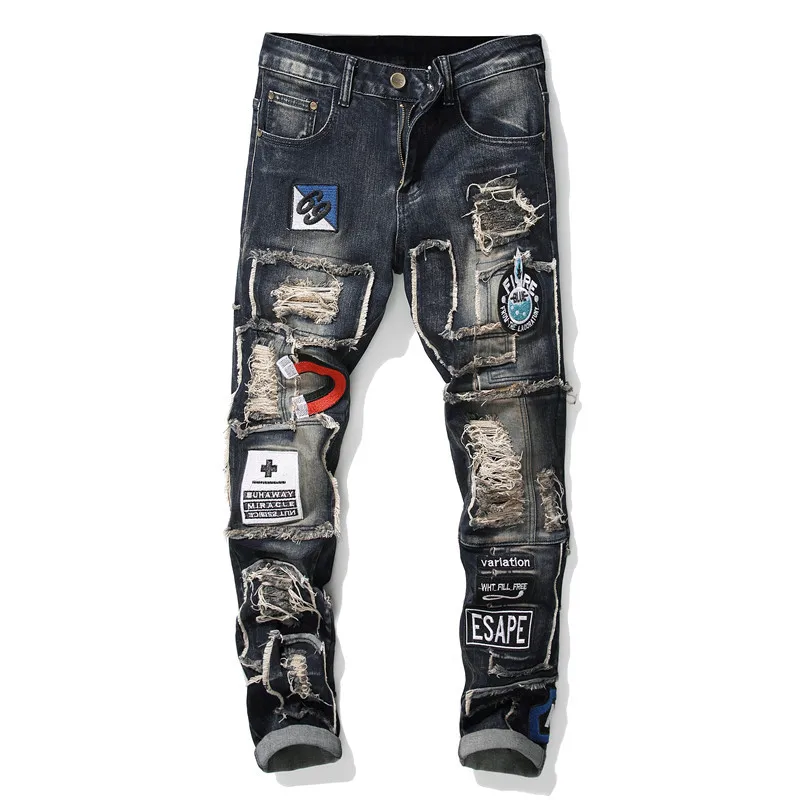 

Джинсы мужские с вышивкой, модные рваные узкие джинсы в стиле пэчворк со средней посадкой, винтажные синие потертые брюки-карандаш из деним...