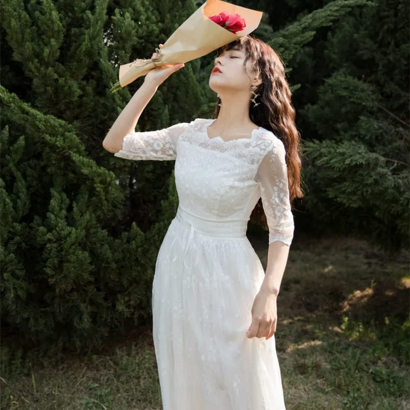 

Natural Lace Non-Mainstream Gentle Casual Dress Pure White Luxury Elegant Summer Dress Women Female A-line Long White Dress