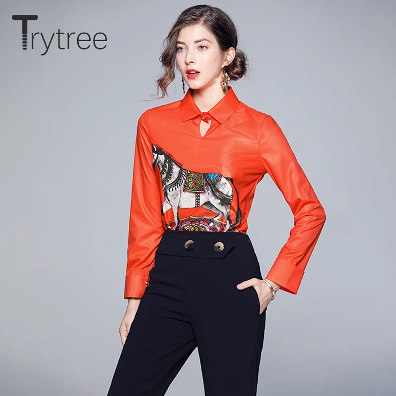 

Женская Повседневная Блузка на пуговицах Trytree, оранжевая блузка с отложным воротником, для осени и зимы, 2020