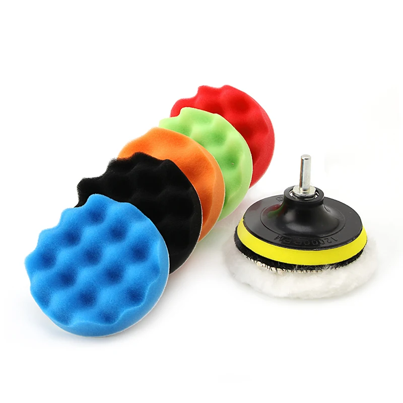 

New 7Pc 3/4/5/6/7'' Car Polisher Polishing Waxing Buffing Woolen&Sponge Pads Kit