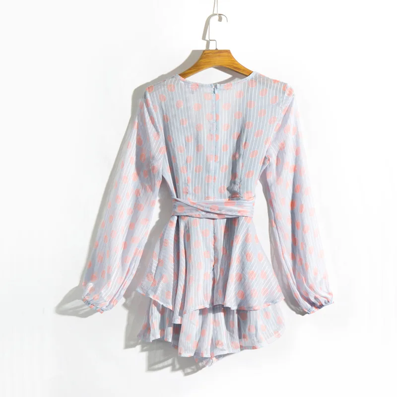 Летний женский комбинезон повседневный в горошек с V образным вырезом и длинными