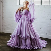 smok purple retro prom dress off the shoulder sweetheart ruffles sleeves high waist layered ruffle tulle lace up back party gown