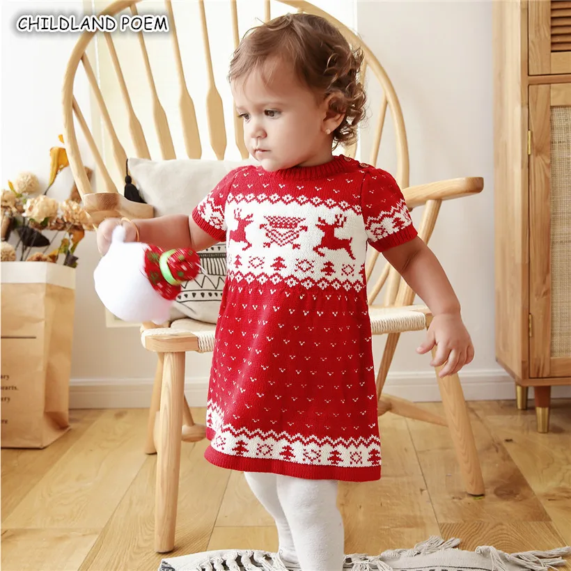 Вязаное детское платье Рождественская одежда для маленьких девочек с оленем