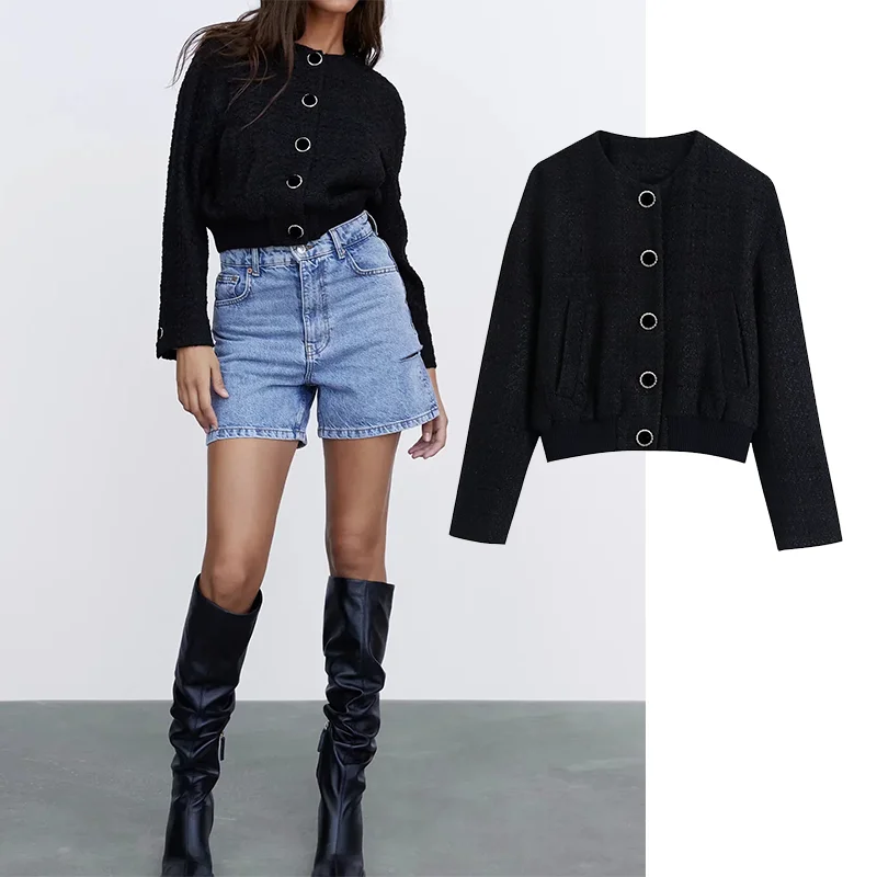 

Za Coat 2021 Women Autumn Fashion Big Button Cropped Texture Black Short bomber jacket Female Vintage Long Sleeve Outerwear tops
