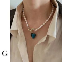 ghidbk baroque natural freshwater pearls glass blue heart pendant chokers necklaces handmade statement street style necklace