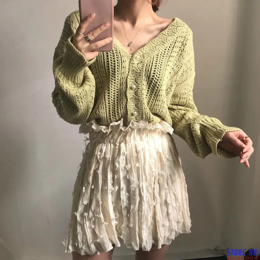 

Women V-Neck Long Sleeve Sweater Coat 2020 Autumn Hollow Out Cardigan Loose Knitted Cardigans Solid Casual Tops 54839