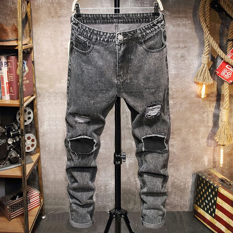 

Джинсы мужские рваные, Стрейчевые брюки из денима, стиль хип-хоп, байкерские модные прямые штаны с дырками, в стиле панк, на лето