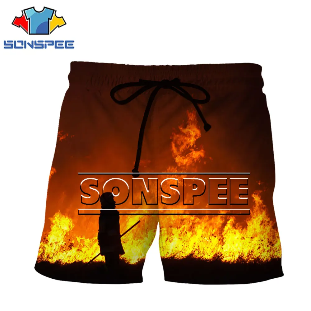 

SONSPEE Men Shorts 3D Print Firefighter Red Flame Cool Street Fashion Casual Comfortable Lace-up Elastic Waist Summer Shorts