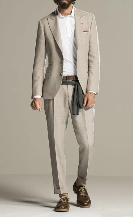 Новый Модный повседневный бежевый льняной пляжный мужской костюм облегающий из 2