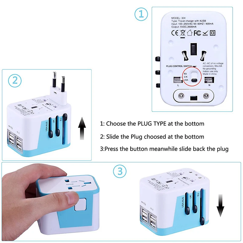 AAAE Top-power Plug Adapter Международный дорожный-с 4 портами usb рабочий-адаптер 100-250 В-Тип C