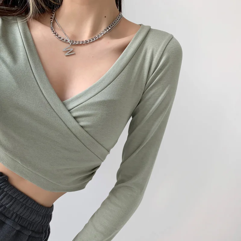 

TVVOVVIN European Style V-neck Long Sleeve Solid Color Cross Sexy Tops Korean Slim Open Navel Short T-shirt Women PJE6