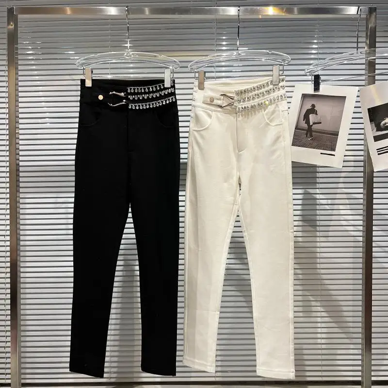 

HIGH STREET Newest 2021 Designer FashionDiamonds Beaded High Waist Pencil Pants