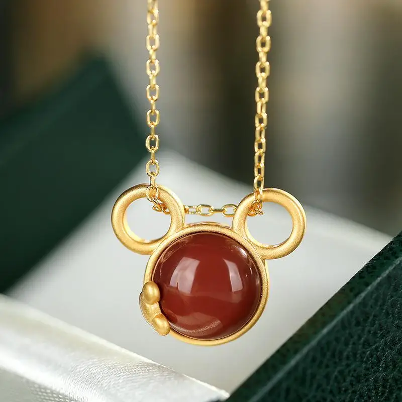 

Original Design S925 Sterling Silver Jinnan Red Agate 925 Mouse Simple Cute and Graceful Ladies' Pendant Necklace Set