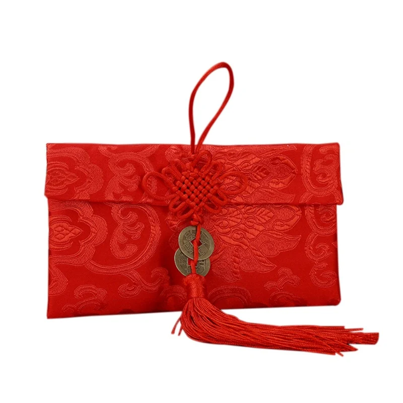

Chinese Knot Red Envelope for Spring Festival Betrothal Gift Bag Exquisite Floral Money Pocket Brocade Wedding Tassel Bags
