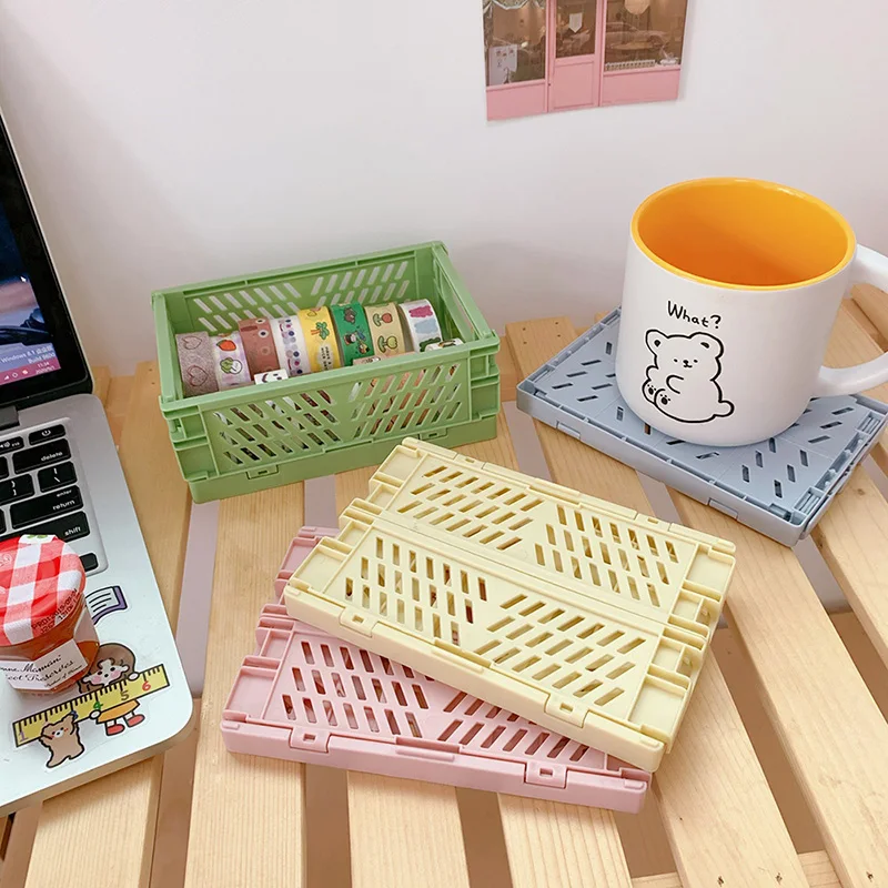 

Mini Collapsible Storage Box Plastic Folding Basket Home Storage Supplies Utility Cosmetic Container Desktop Holder