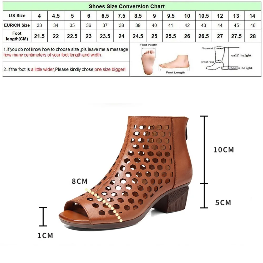 

DRFARGO Women Summer Boots Back zip 5cm Square High Heel Hollow out Peep Toe Retro Dress Shoes size 40 Genuine Leather Zapatos