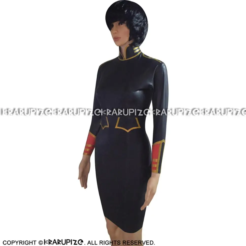 Сексуальное платье в стиле милитари из латекса с карманами молния сзади