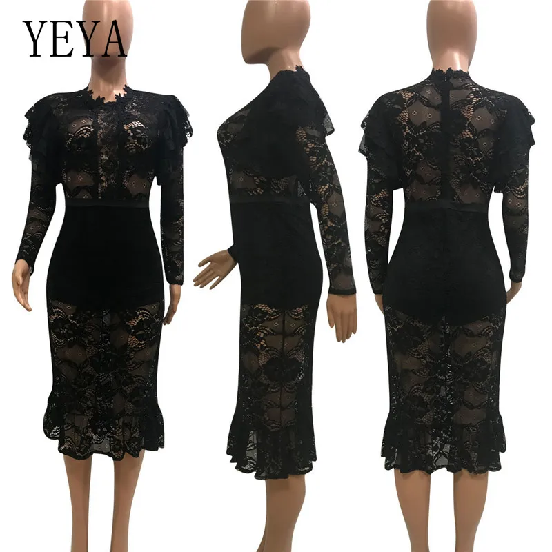 

YEYA Package Hip Pencil Dresses Sexy Lace See Through Long Sleeve O Neck Elegant Vintage Casual Nightclub Streetwear Bodycon