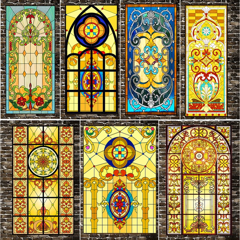 European Retro Church Painted Electrostatic Frosted Stained Glass Window Film PVC Static Adhesive Church Home Foil Stickers