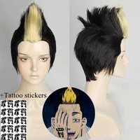 anime tokyo revengers hanma shuji cosplay wig golden black heat resistant synthetic hair tattoo sticker with glasses wig cap