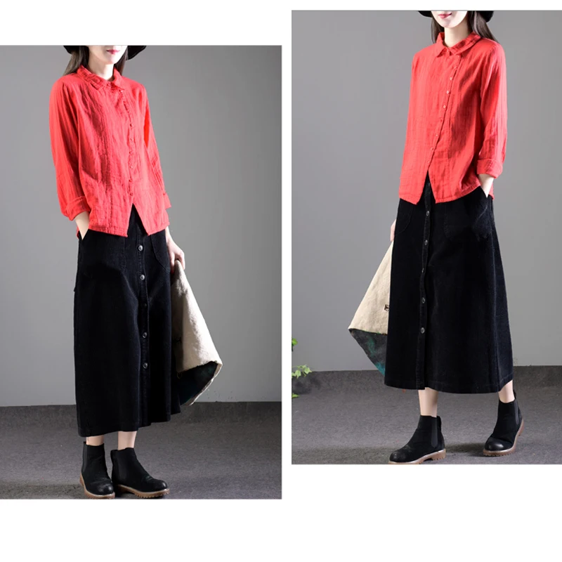 Lucyever Women Corduroy Long Skirt Autumn Winter Vintage Loose A-line Female High Waist Plus Size Thick Warm Ladies Faldas