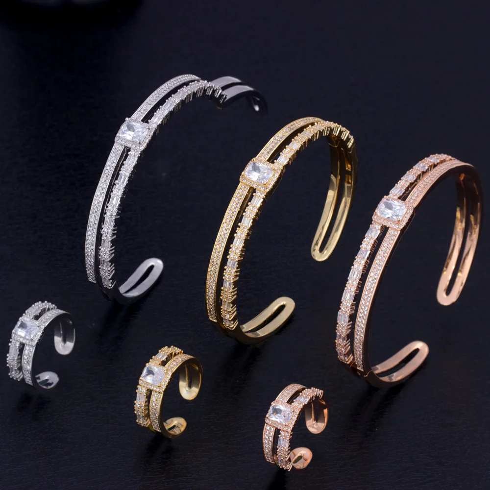 

Роскошные наборы регулируемых браслетов и колец с микрозакрепкой из циркона, новый дизайн, двухслойный браслет для свадебных торжеств, юве...