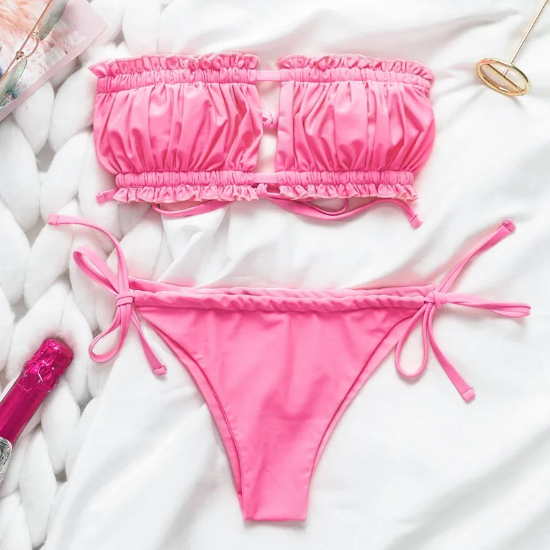Peachtan Sexy pink swimwear women bathing suit Bandeau bikinis mujer Micro swimsuit female Push up two-piece suit summer - Color: 2