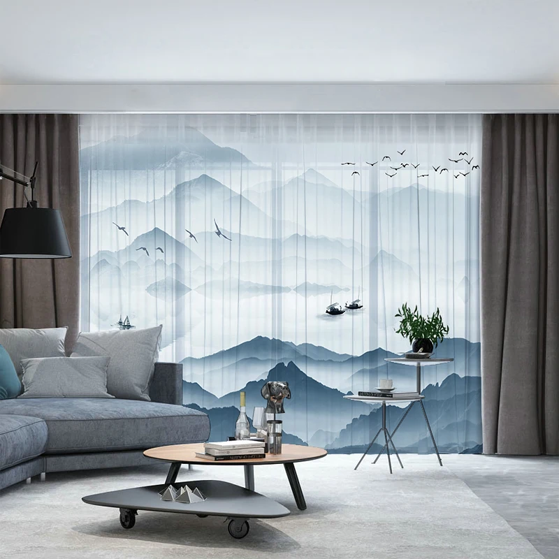 

Custom Chiffon Voile Sheer Curtain Window Tulle Drape for Bedroom Living Room Mountain Hills Boat Birds Trees Landscape