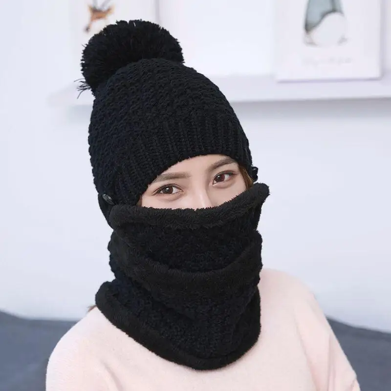 

Winter Beanie outdoors Women Fashion Solid Fur Wool Lining Thick Warm Knit cashmere Hat Cap Scarf Sets Skullies Bonnet