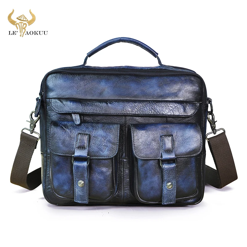 

Le'aokuu мужской качественный портфель из натуральной кожи в античном стиле, синий портфель, деловые чехлы для ноутбука 13 дюймов, сумки-мессенд...