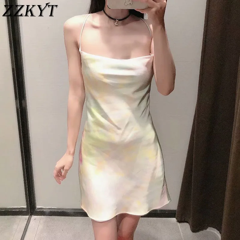 

ZZKYT 2021 Women Summer Vintage Print Crossed Strap Mini Dress Fashion Sexy Sleeveless Backless Female Party Dresses Vestidos