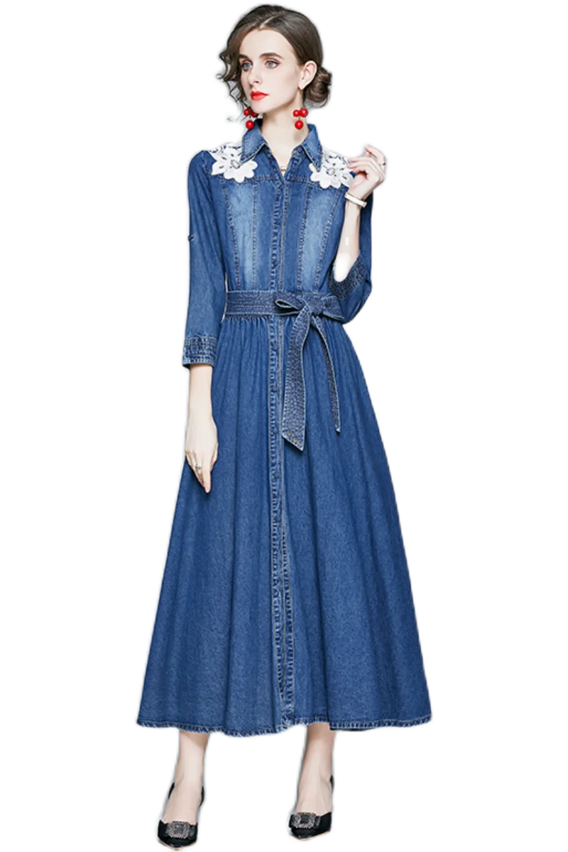 

Women's new-sleeve fashionable denim dress vintage embroidered large swing dress elegant slim-fit slimming dress