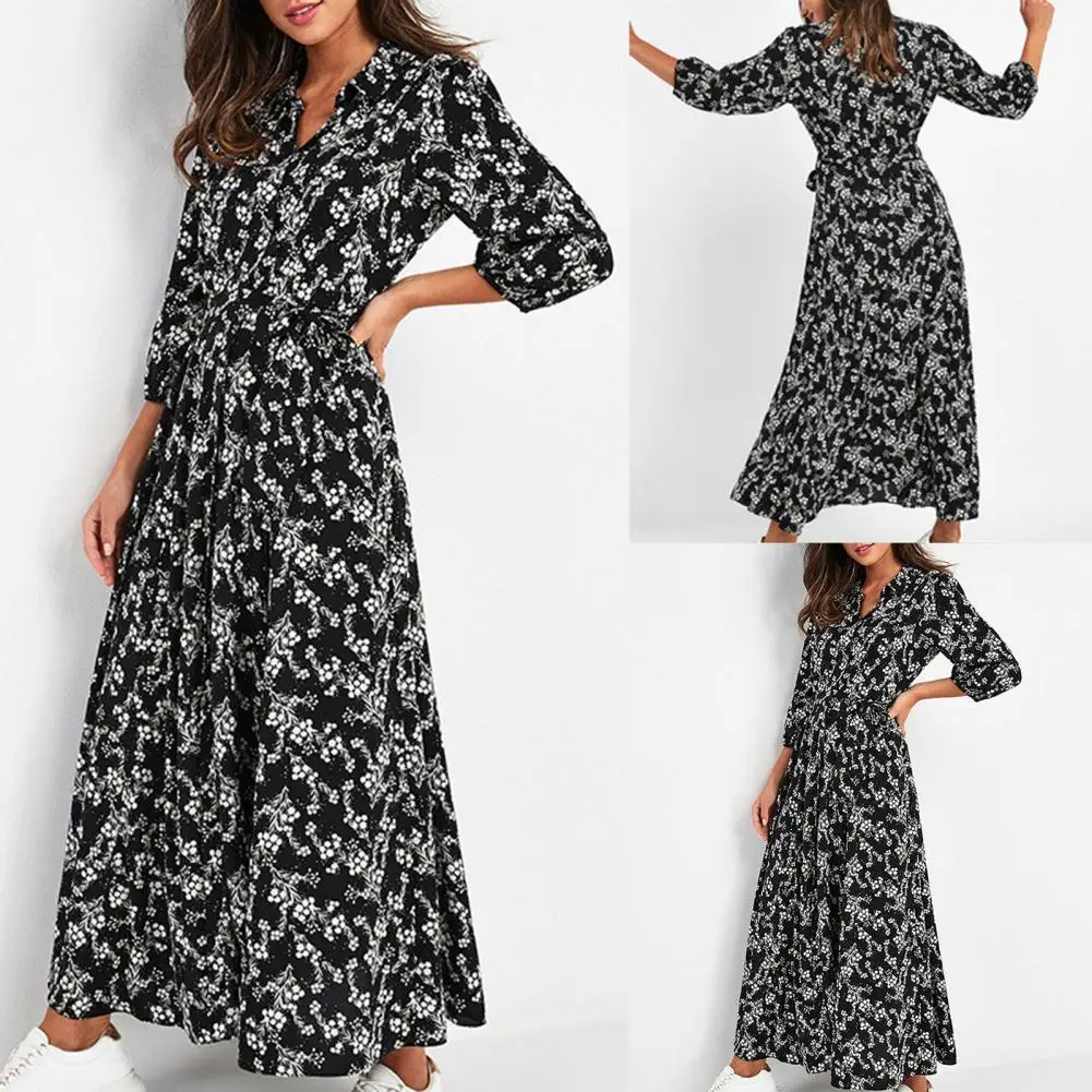 

Женское длинное платье с поясом, Элегантное Вечернее Платье макси с отложным воротником и цветочным принтом, платье с V-образным вырезом, са...