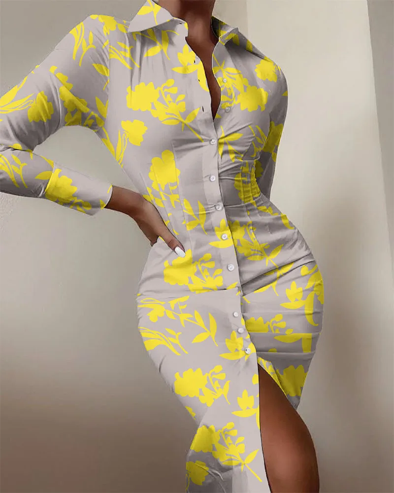 

wsevypo Elegant Fashion Button Front Midi Shirts Dress Autumn Spring Women Ladies Floral Wrap Bodycon Dress Floral/Striped