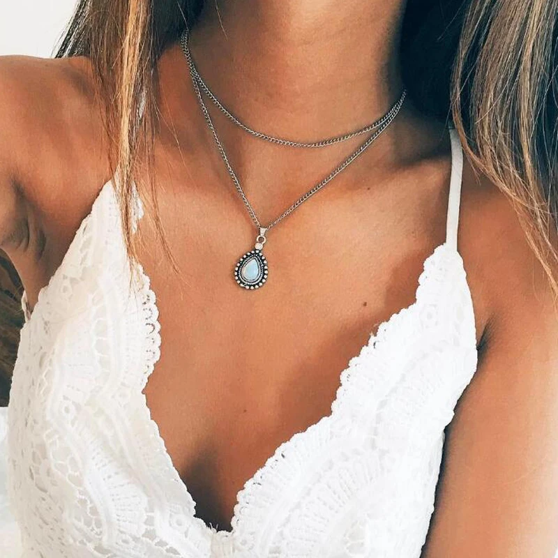 Docona Бохо Опал Камень Капля воды Чокеры ожерелья для женщин Пляжная цепочка