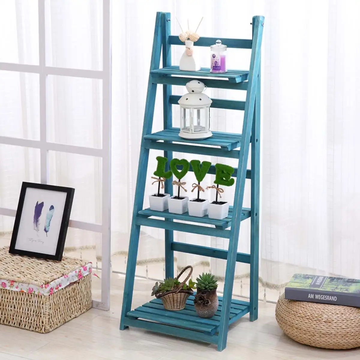 

3/4 Tier Ladder Shelf Wood Bookshelf Storage Rack Folding Plants Stand Plant Shelf Indoor Outdoor Garden Balcony Fleshy Green