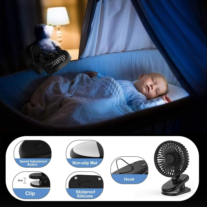 

Ultra Quiet Stroller Fan Clip-on Fan Rechargeable Battery Or USB Operated, Small Desk Fan with 3 Adjustable Speeds Black