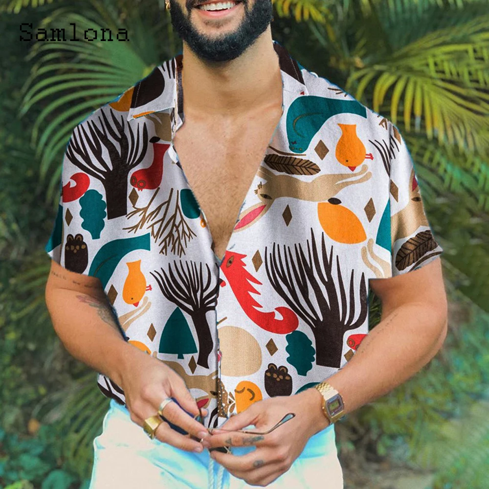 Samlona Plus Size Men Skinny Tops Model Flower Print Blouse 2021 Short Sleeve Beach Shirt Mens Open Stitch Summer Casual Shirt